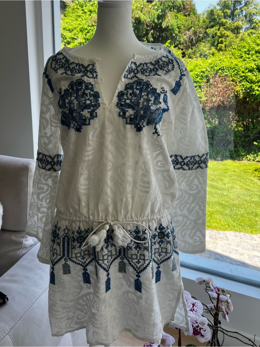 White & Blue Embroidered Women's Dress